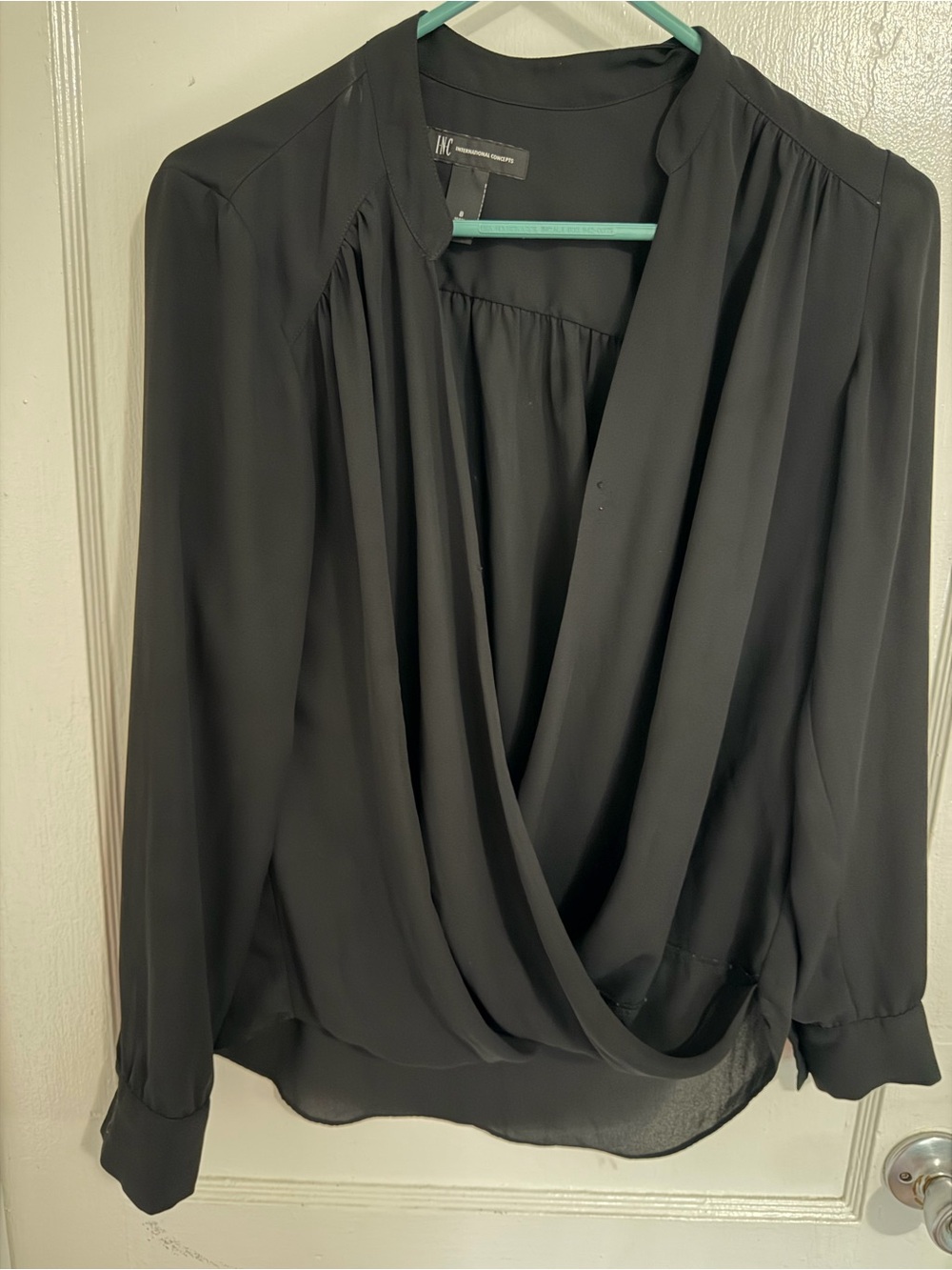 Worthington Black Draped Surplice Long-Sleeve Blouse